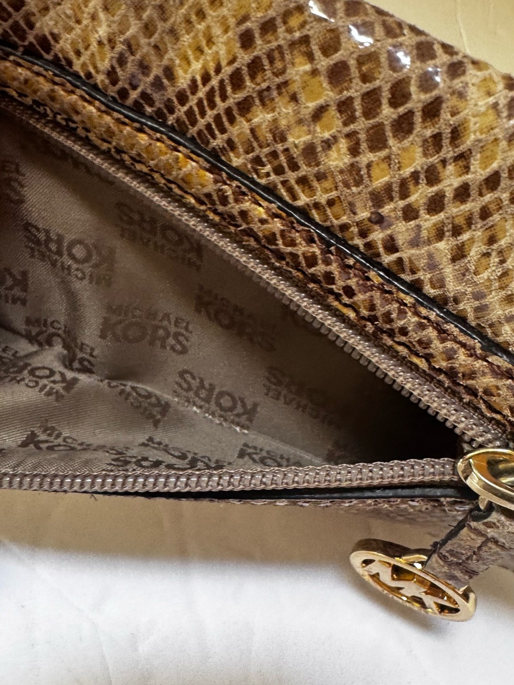 Michael Kors NEW Snakeskin Long Clutch Bag Wristlet Animal Wallet Brown Gold Tan - Picture 13 of 16